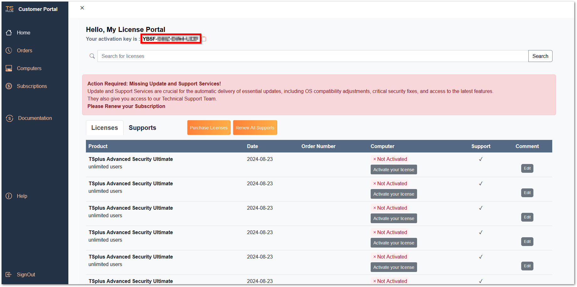 Retrieve your activation key from the Licensing portal