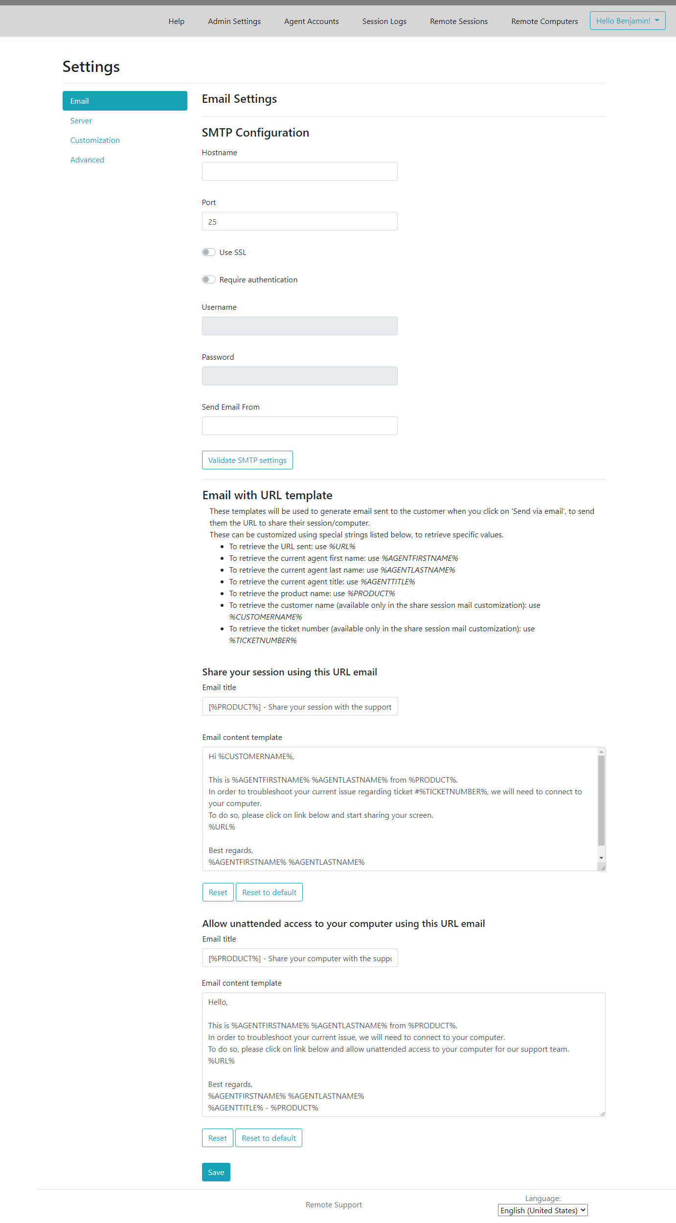Administrator Settings Email
